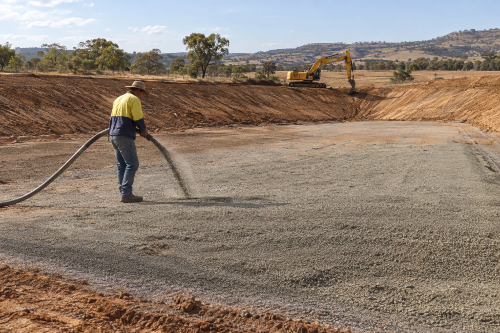 Worker applying sodium bentonite across a dam base before compaction, Bentonite Pro application rate guide