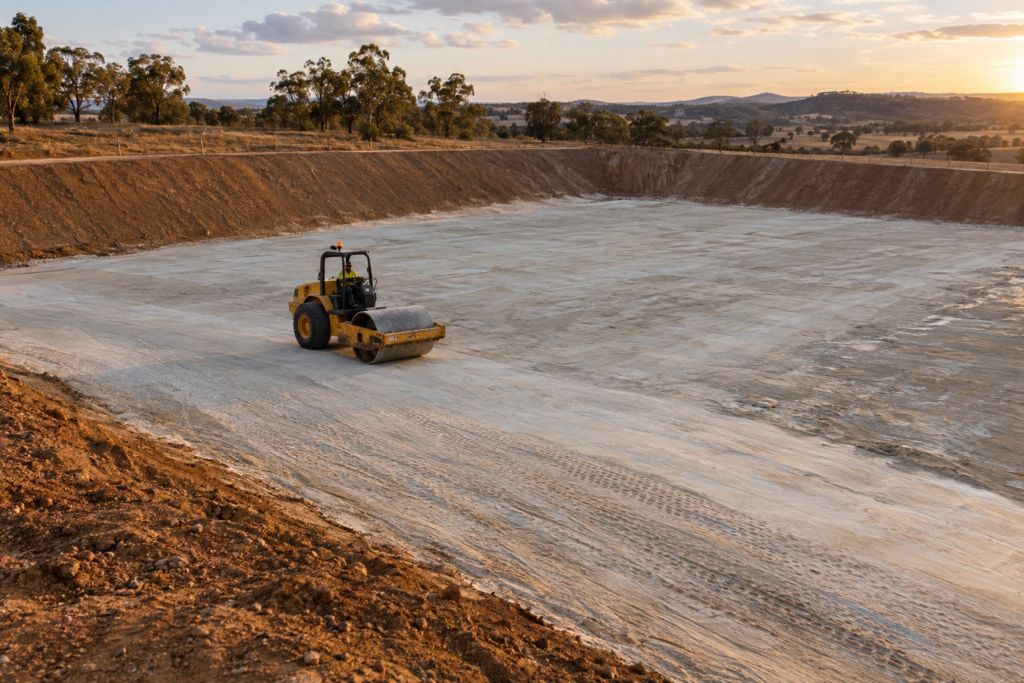 Roller compactor bedding in a bentonite blanket across a dry farm dam floor before resealing, Bentonite Pro guide