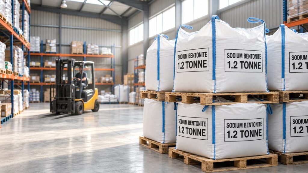 Sodium bentonite 1.2 tonne bulk bags on pallets ready for delivery