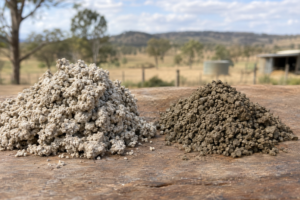 Illustration of pale and darker clay piles on a wooden surface in a rural setting