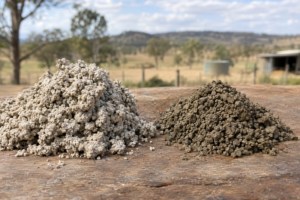 Illustration of pale and darker clay piles on a wooden surface in a rural setting
