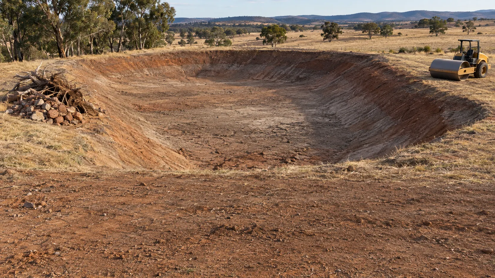 Drained farm dam and parked roller beside cleared rocks, illustrating preparation checks before bentonite sealing.