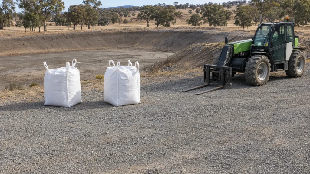 Bulk bags and a parked telehandler beside an empty farm dam, illustrating preparation for buying bentonite.
